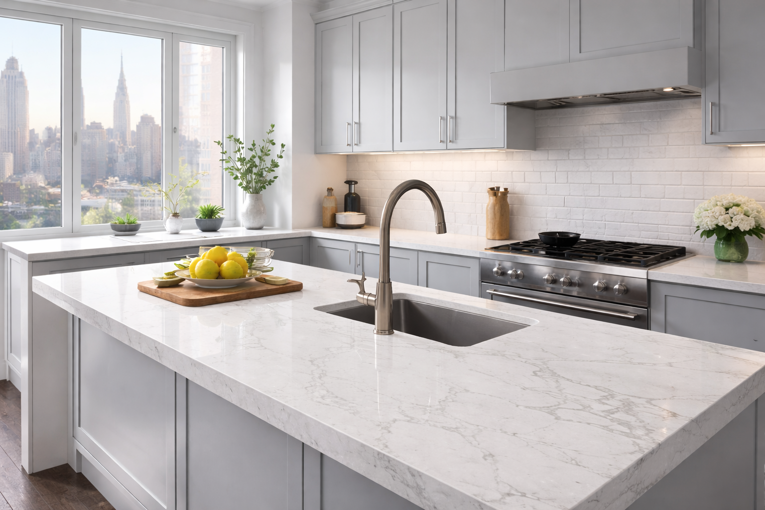Tempered glass kitchen shelves and seamless backsplash in NY